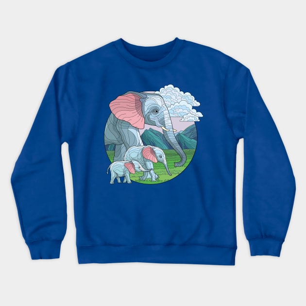 Serenity of the Savanna: Stained Glass Style Circle Design T-Shirt with Elephant and Calves Crewneck Sweatshirt by ConnectingtoNature